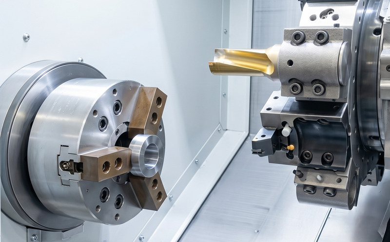 CNC 車床夾頭與刀塔加工特寫